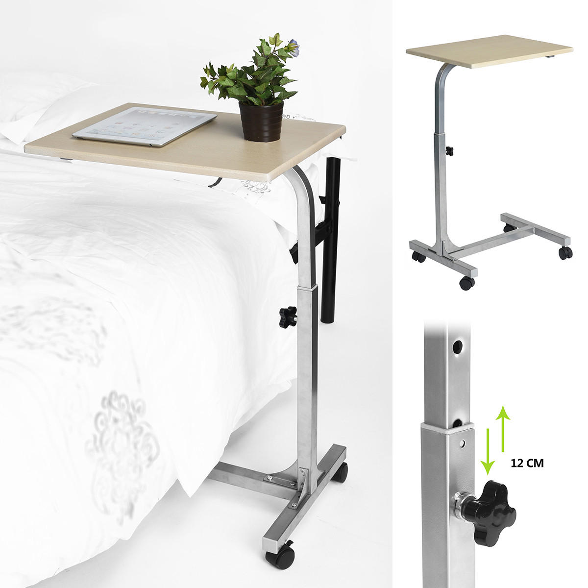 LAPTOP-BEISTELLTISCH, höhenverstellbar, mit 4 Rollen, für Bett und Sofa, Silber - Eichefarben, Holzwerkstoff/Metall (48/37/79cm) - Meubles Cosy
