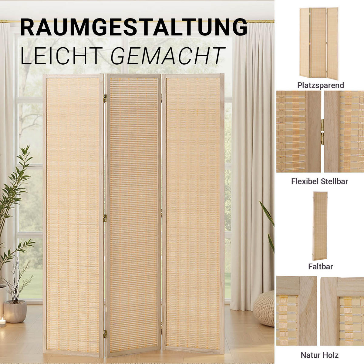 PARAVENT 120/170 cm Natur Holz Bambus - Braun, Naturmaterialien/Holz (120/170/2cm) - Homestyle4u
