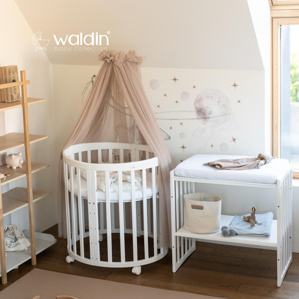 BABYBETT WHITE OVAL 7in1 mit Matratze und Himmelset - Taupe/Naturfarben, Holz/Textil