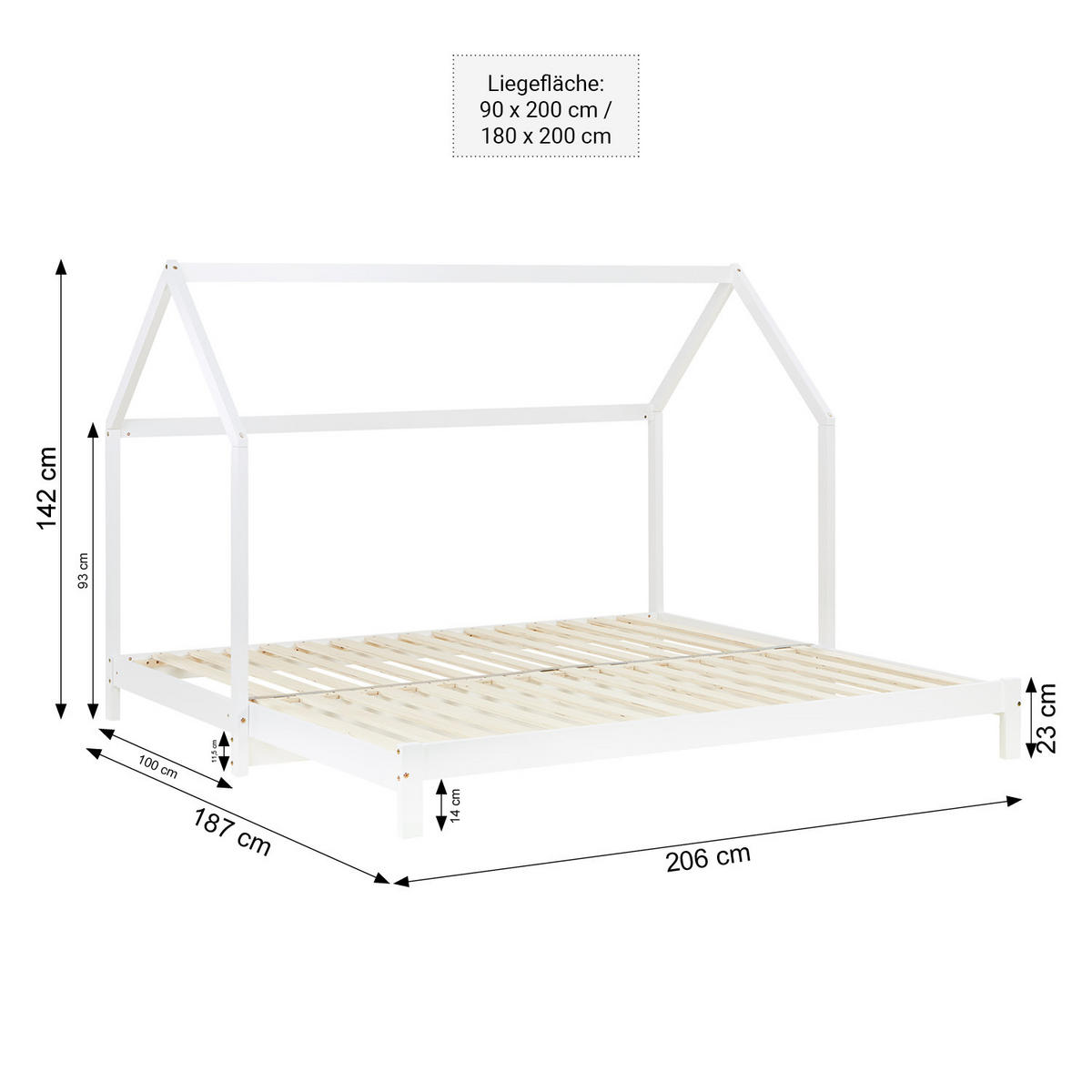 KINDERBETT Hausbett 90/200 ausziehbar Matratzen - Weiß, Holz (180/200cm) - Homestyle4u