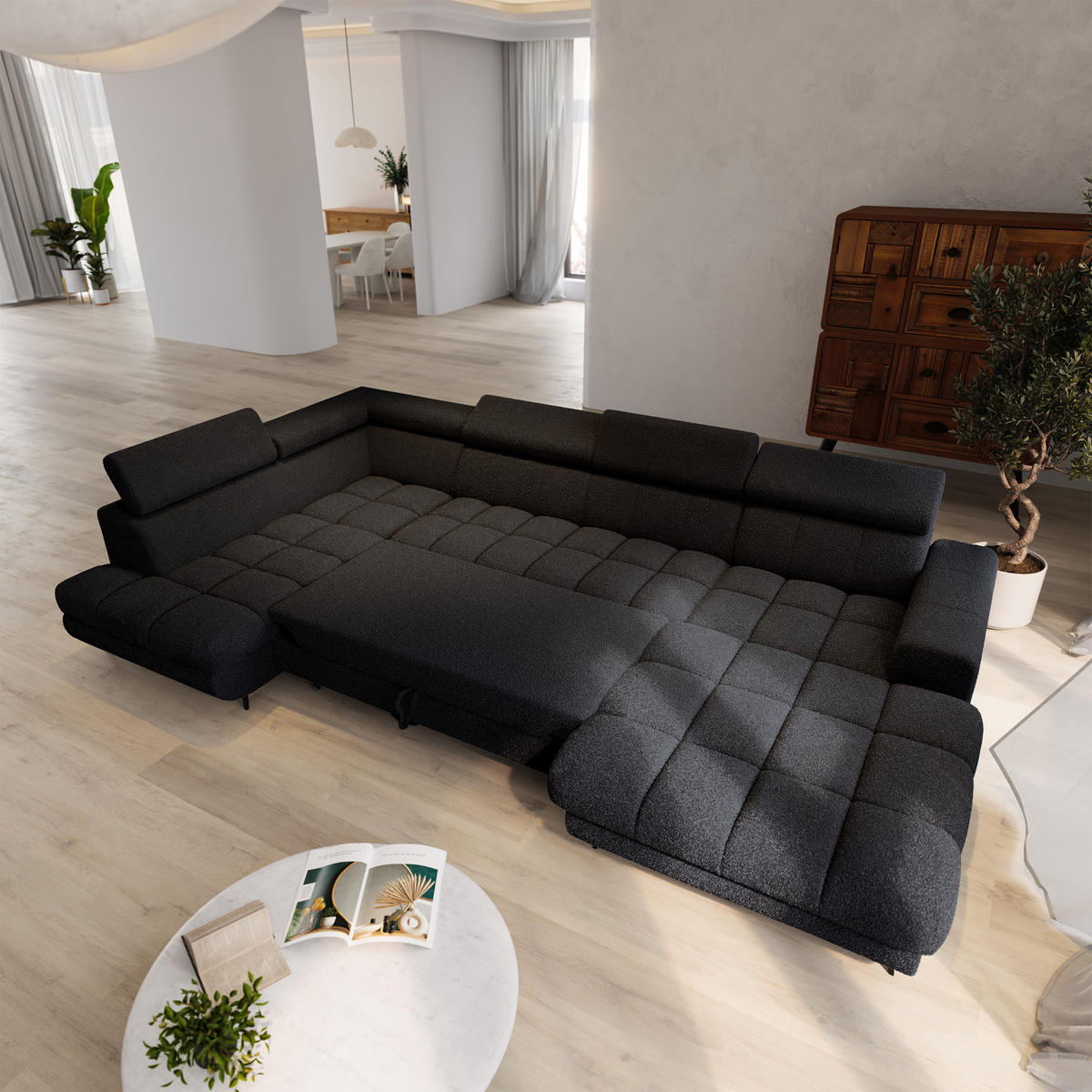 WOHNLANDSCHAFT CORENO Schwarz Boucle-Stoff mit Schlaffunktion - Schwarz, Holz (345/88/190cm) - MASSENO