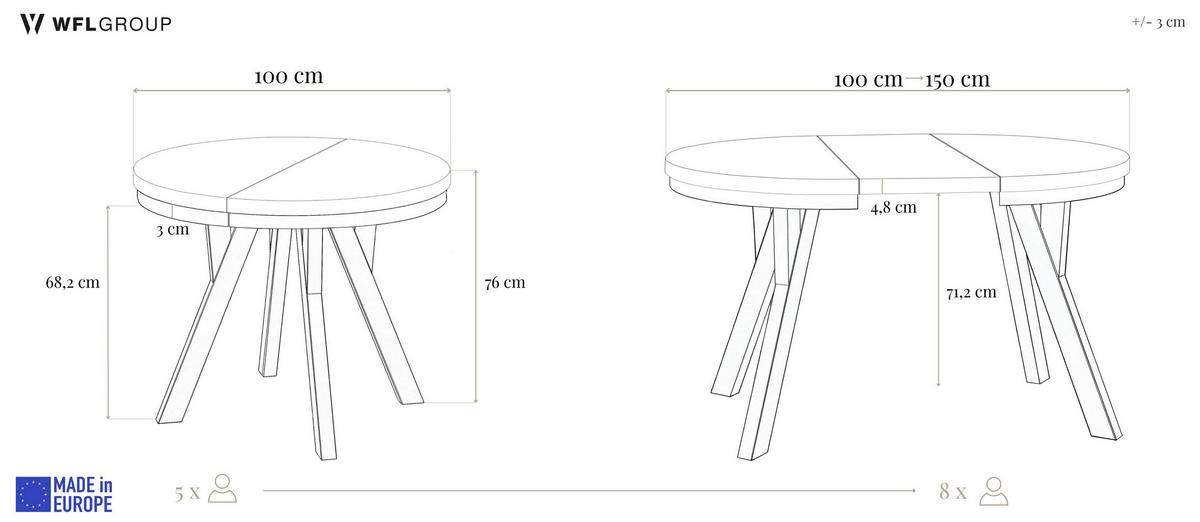 ESSTISCH Lume runder ausziehbarer, Lancelot Eiche 100-150/100/76 cm - Eichefarben/Schwarz, Holz/Holzwerkstoff (100/150/76cm) - WFL GROUP