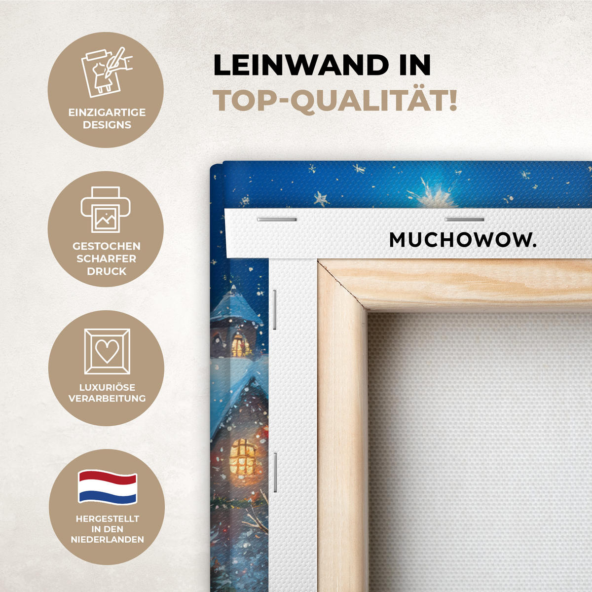 LEINWANDBILD Weihnachtsmann - Rentier - Weihnachten - Schnee Deko Wohnzimmer 20x20 cm - Cognac, Textil (20/20cm) - MuchoWow