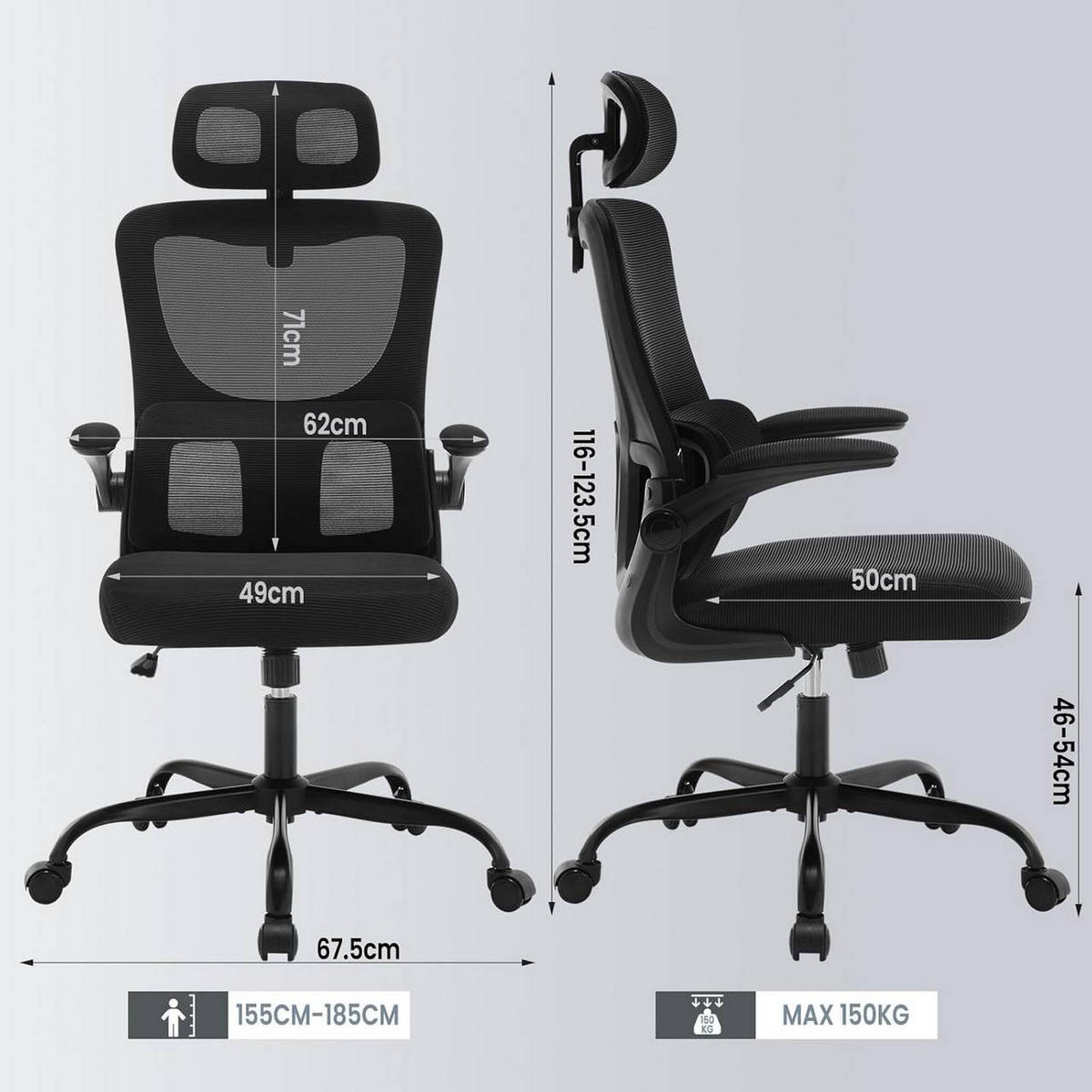 BÜROSTUHL ergonomisch, Netzstoff, Schwarz - Schwarz, Kunststoff/Textil (62/116/69.5cm) - Woltu