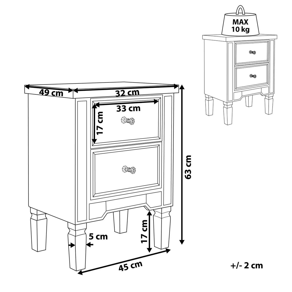 NACHTTISCH Spiegeleffekt 2 Schubladen Tigy - Silberfarben, Glas (49/63/32cm) - Beliani