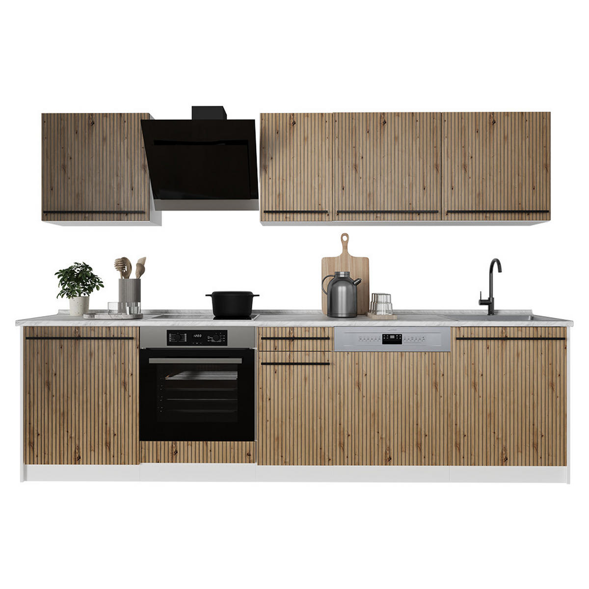 KÜCHENZEILE R-Line, Artisan-Eiche/Weiß, 280 cm Arbeitsplatte Goldkraft Eiche - Eiche Artisan/Weiß, Holzwerkstoff (280/206.8/60cm) - Vicco