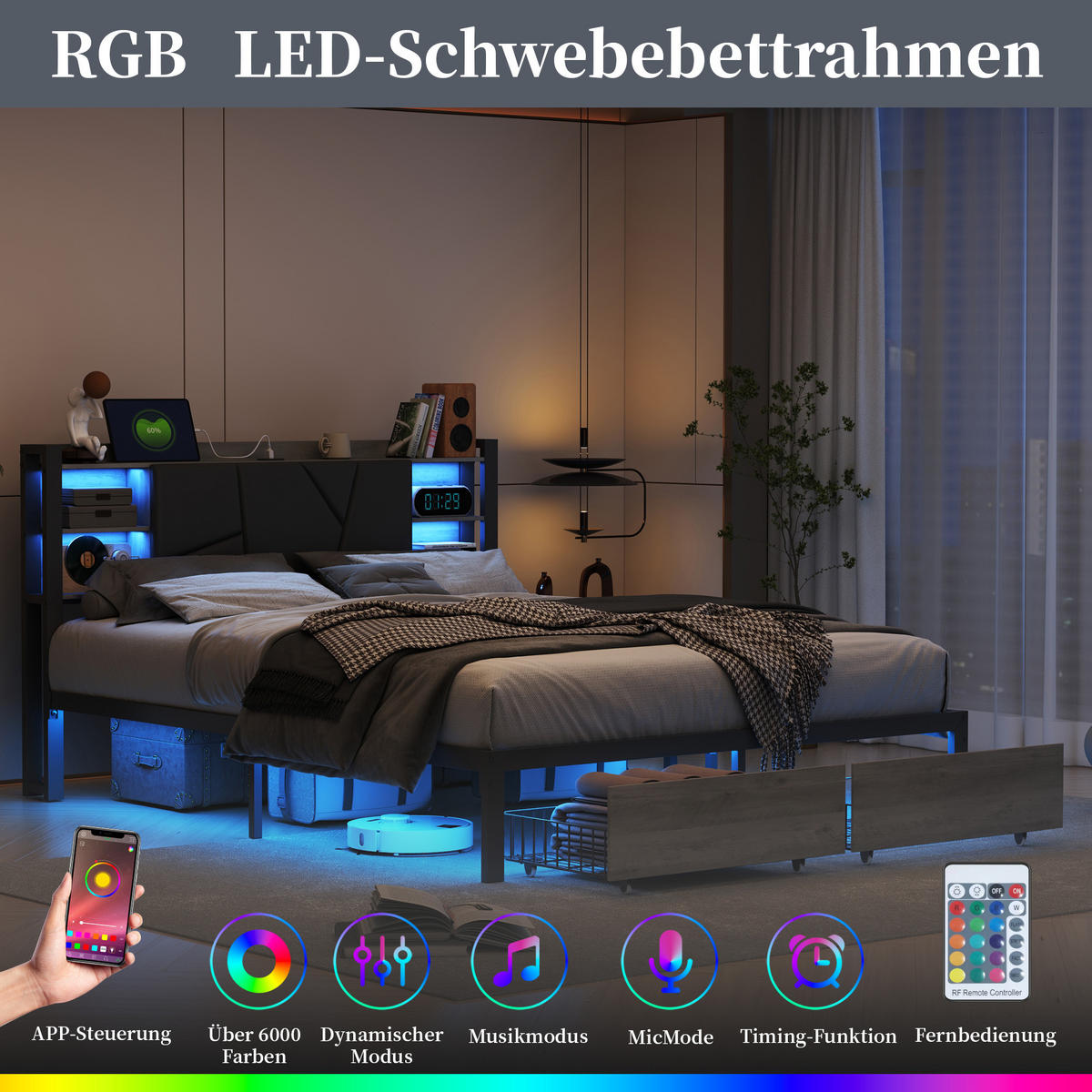 POLSTERBETT 140x200 cm, Stauraumkopf, 2 Fuß‑Schubladen, RGB‑LED, USB/Typ‑C, PU‑Bezug, Schwarz - Schwarz, Holz (140/200cm) - BRILVERDE