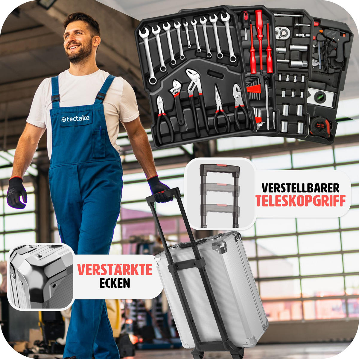 WERKZEUGKOFFER ,mit Klappgriff und Teleskopgriff, inklusive Handschuhe,silber - Silberfarben, Metall (20/51/37cm) - tectake