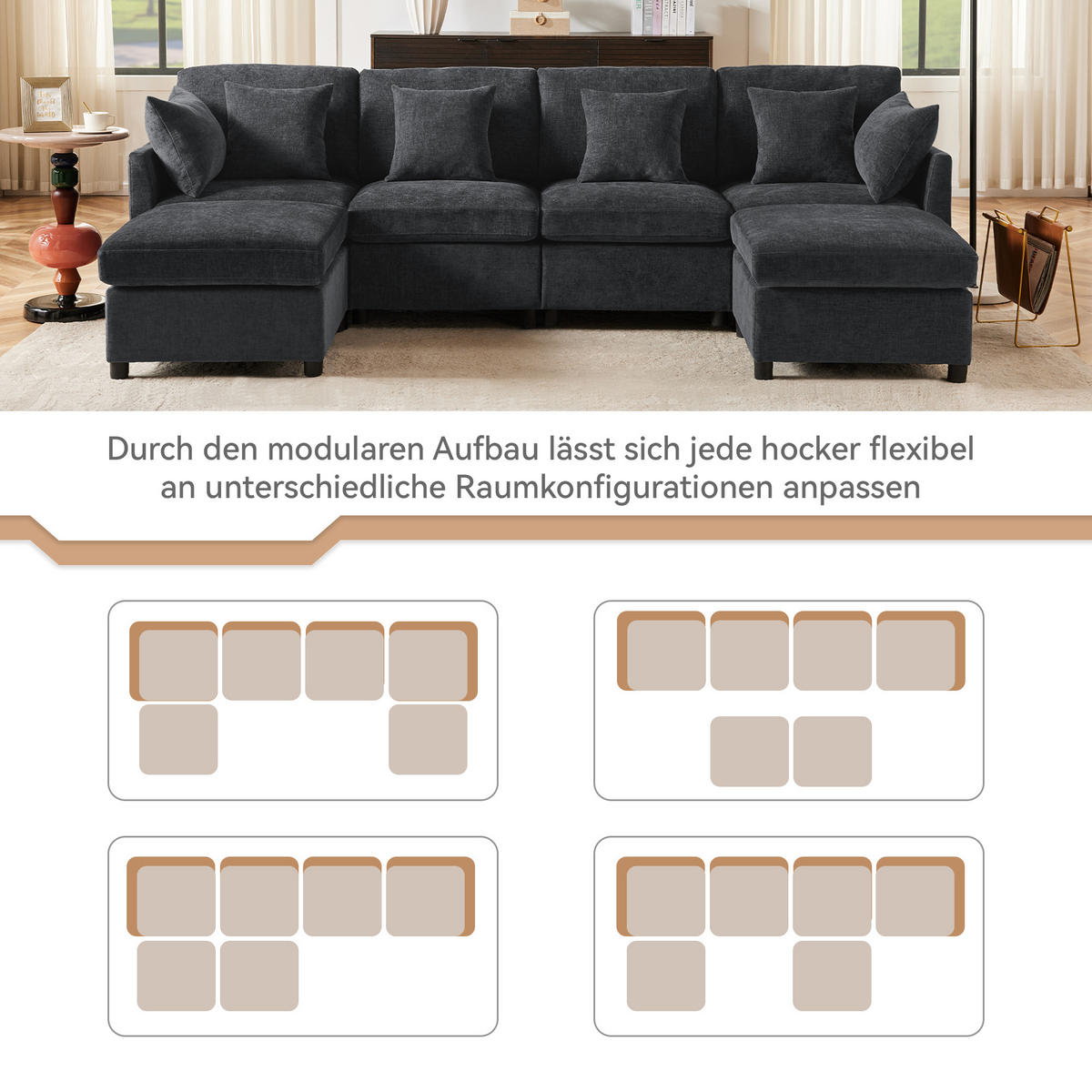 WOHNLANDSCHAFT Chenille Grau mit 2 Hocker und 6 Kissen - Grau, Holzwerkstoff/Kunststoff (278/81/161cm) - WISHDOR