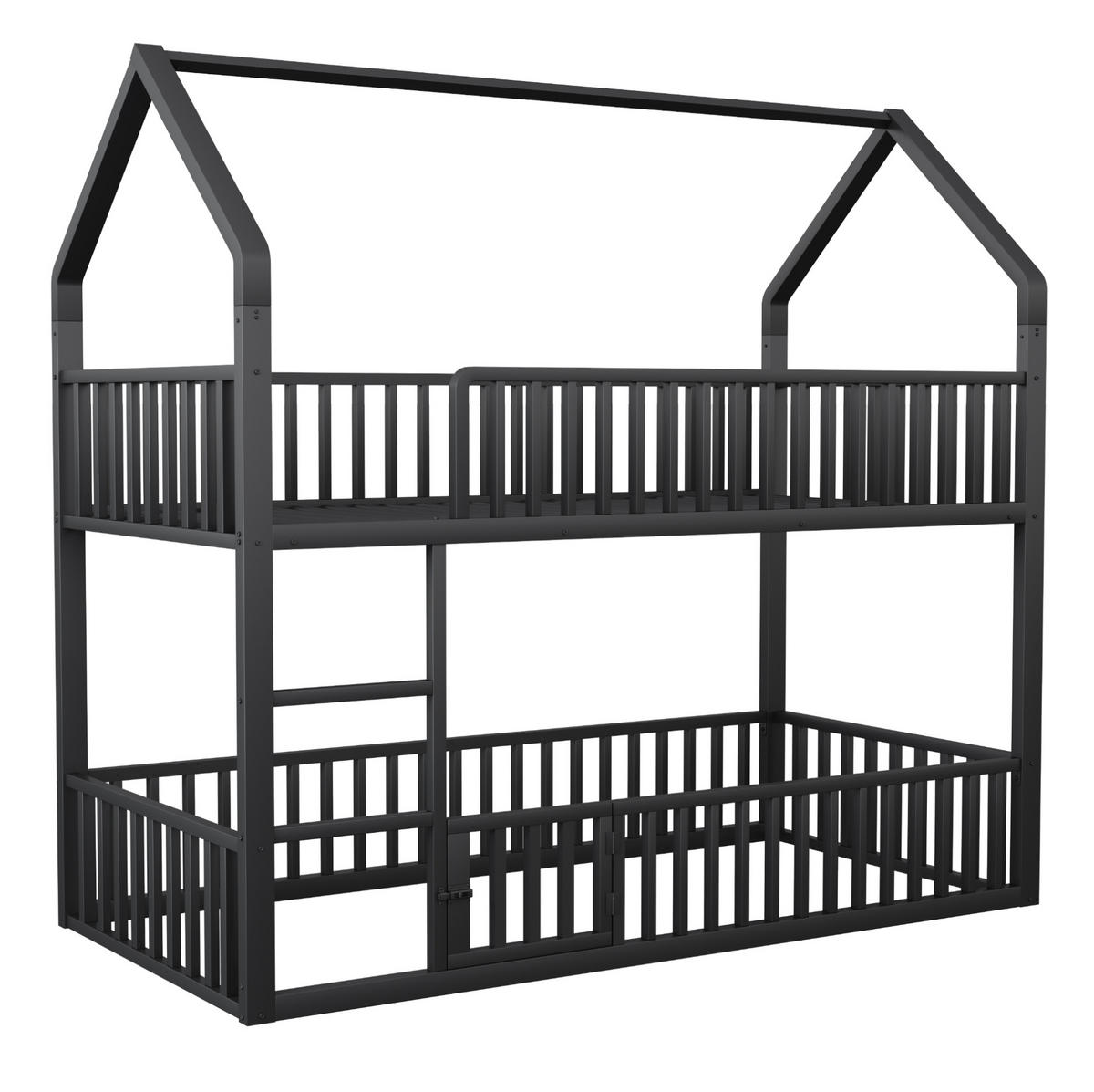 ETAGENBETT 90/200 cm mit Frontleiter, Hausrahmen und Tür, Schwarz - Schwarz, Metall (90/200cm) - Redom