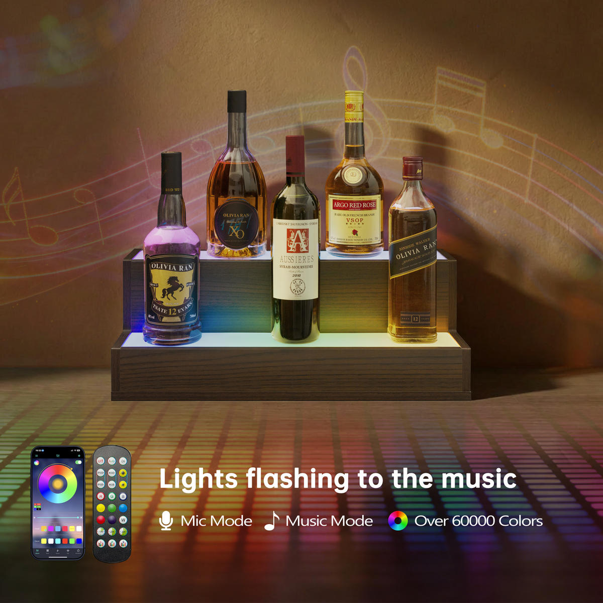 WEINREGAL 51/21/18 cm, Nussbaumfarben, Verbundholz, LED beleuchtet, App & Fernbedienung, 2-stufig, freistehend - Walnussfarben, Holzwerkstoff (51/18/21cm)