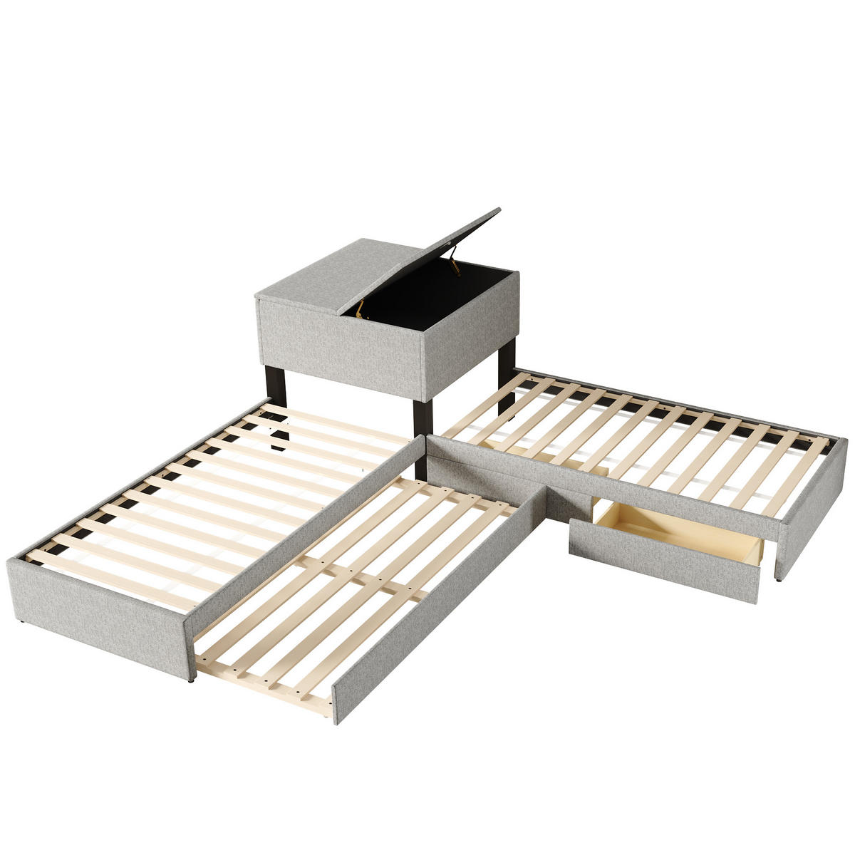 POLSTERBETT mit Ausziehbet in Grau Leinen (ohne Matratze) - Grau, Holz/Textil (90/200cm) - KOMHTOM