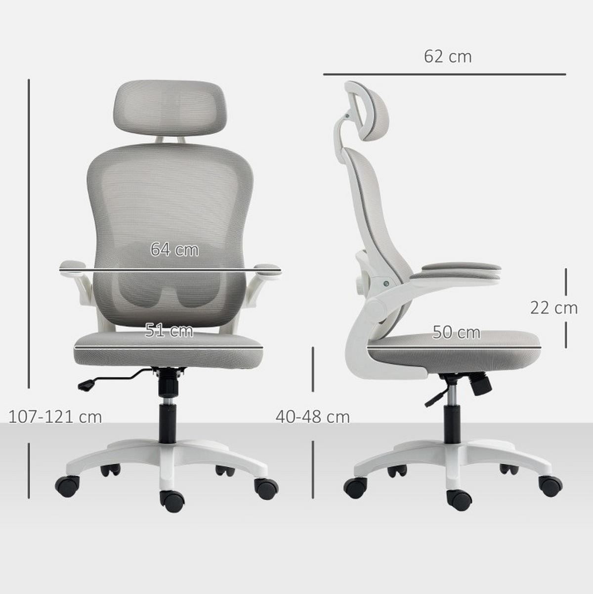 BÜROSTUHL in Grau 62x64x115 cm mit Netzrücken, Kopfstütze und klappbaren Armlehnen - Grau, Textil (64/115/62cm) - IVMEU
