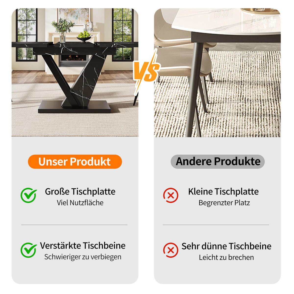 ESSTISCH ausziehbar, MDF mit Marmormuster & Metallgestell, 120-160/75/75,5 cm, Schwarz - Schwarz, Holzwerkstoff (120/75/75.5cm) - Redom