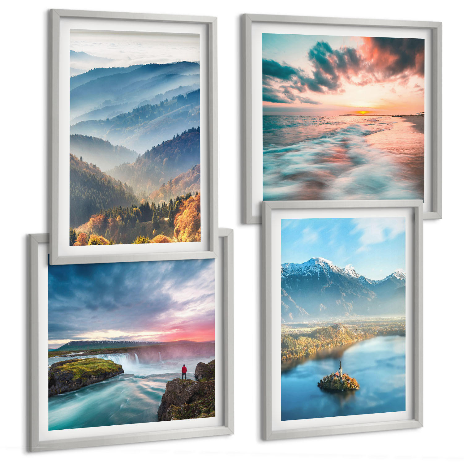 BILDER SET 4er Set - 50x50 cm & 40x60 cm Silberner Rahmen - Berglandschaften, Wasserfälle - Silberfarben, Kunststoff (50/50cm) - TULUP