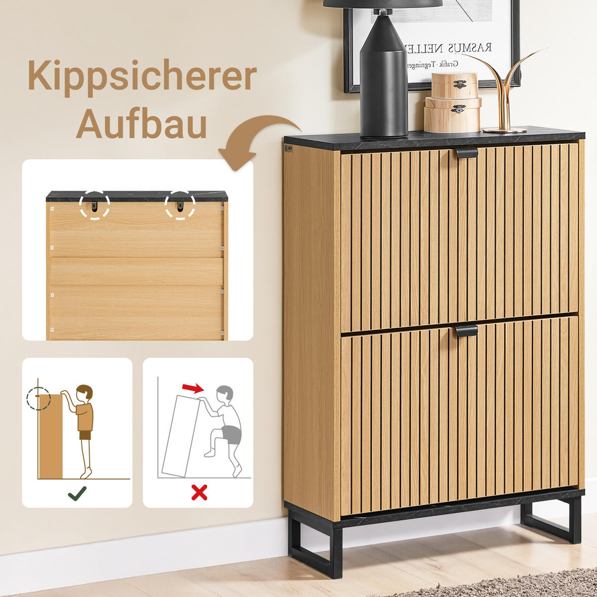 SCHUHSCHRANK Holzoptik & Schwarz mit Marmor - Naturfarben, Holzwerkstoff (60/88/24cm) - SoBuy