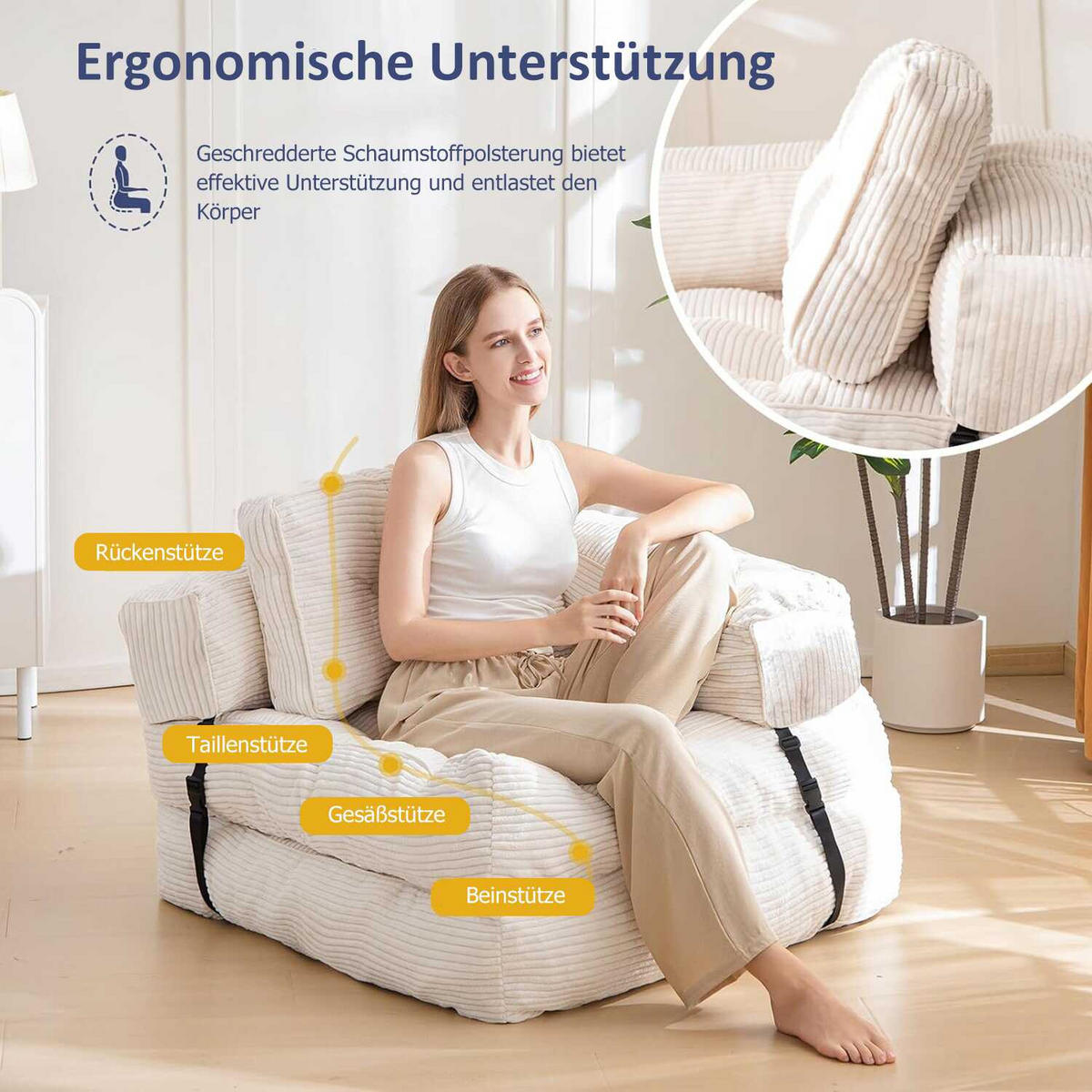 SOFA 1 Sitzer faltbar mit Armlehnen, 170x85 cm, für Wohnzimmer & Schlafzimmer,Beige - Beige, Textil (86/21/170cm)
