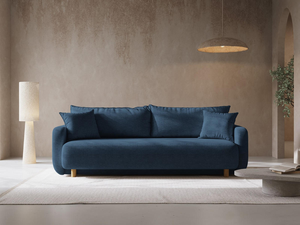 SOFA ausklappbar mit Bettkasten Elen aus strukturiertem Stoff marineblau 3 Sitzplätze - Blau, Textil (231/86/106cm) - Micadoni