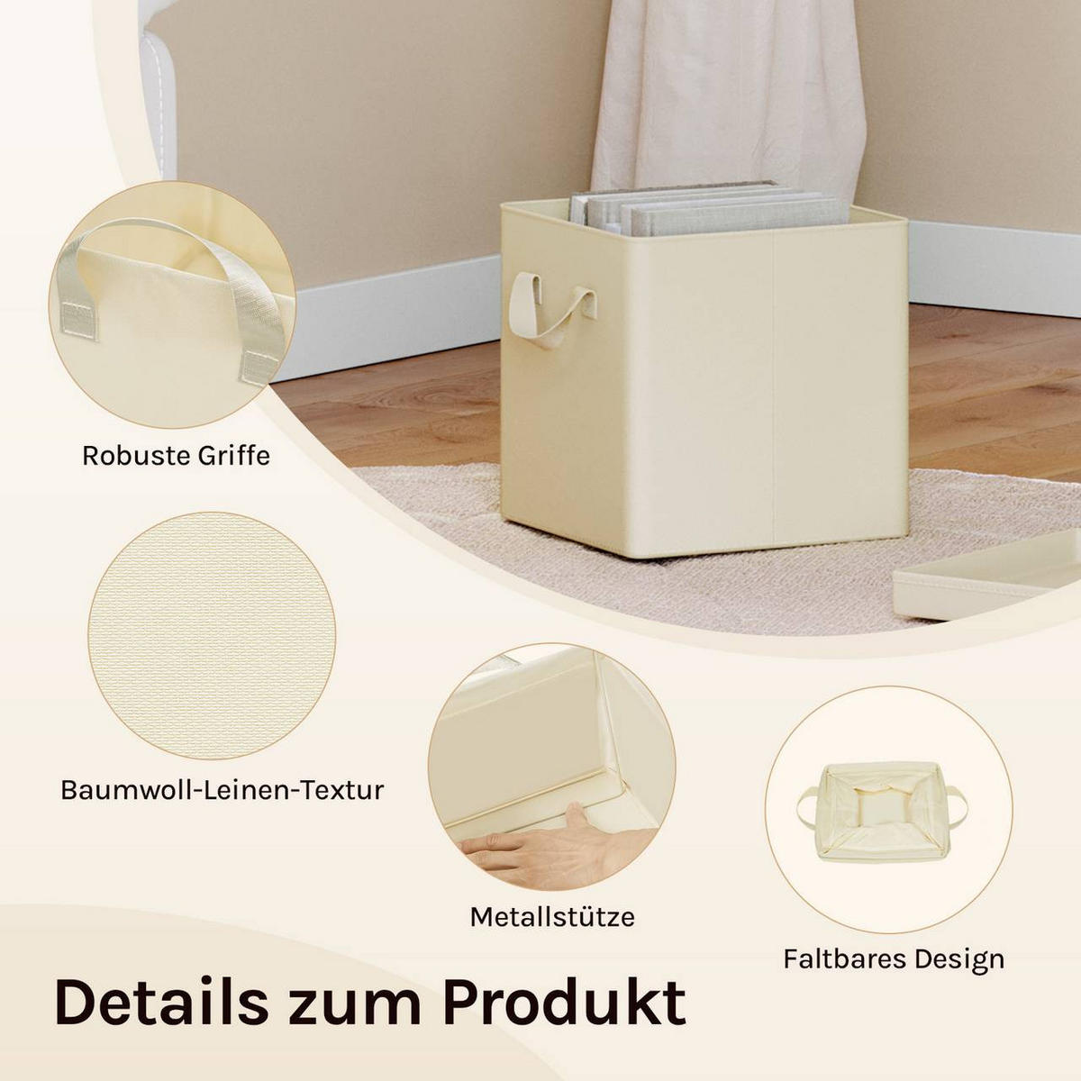 BOX 3 Stück, faltbar, mit Deckel, Creme, 26L - Creme, Leder/Kunststoff (30/29/30cm) - Woltu