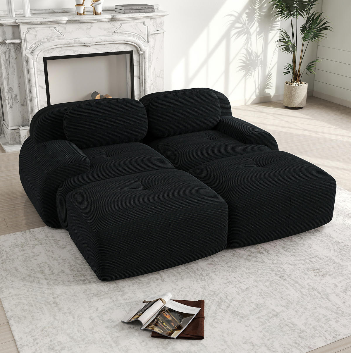 2-SITZER-MODULSOFA aus Cordstoff Schwarz rahmenlos mit ergonomischen Armlehnen und rutschfester Unterseite - Schwarz, Textil (208/75/178cm) - Modfu