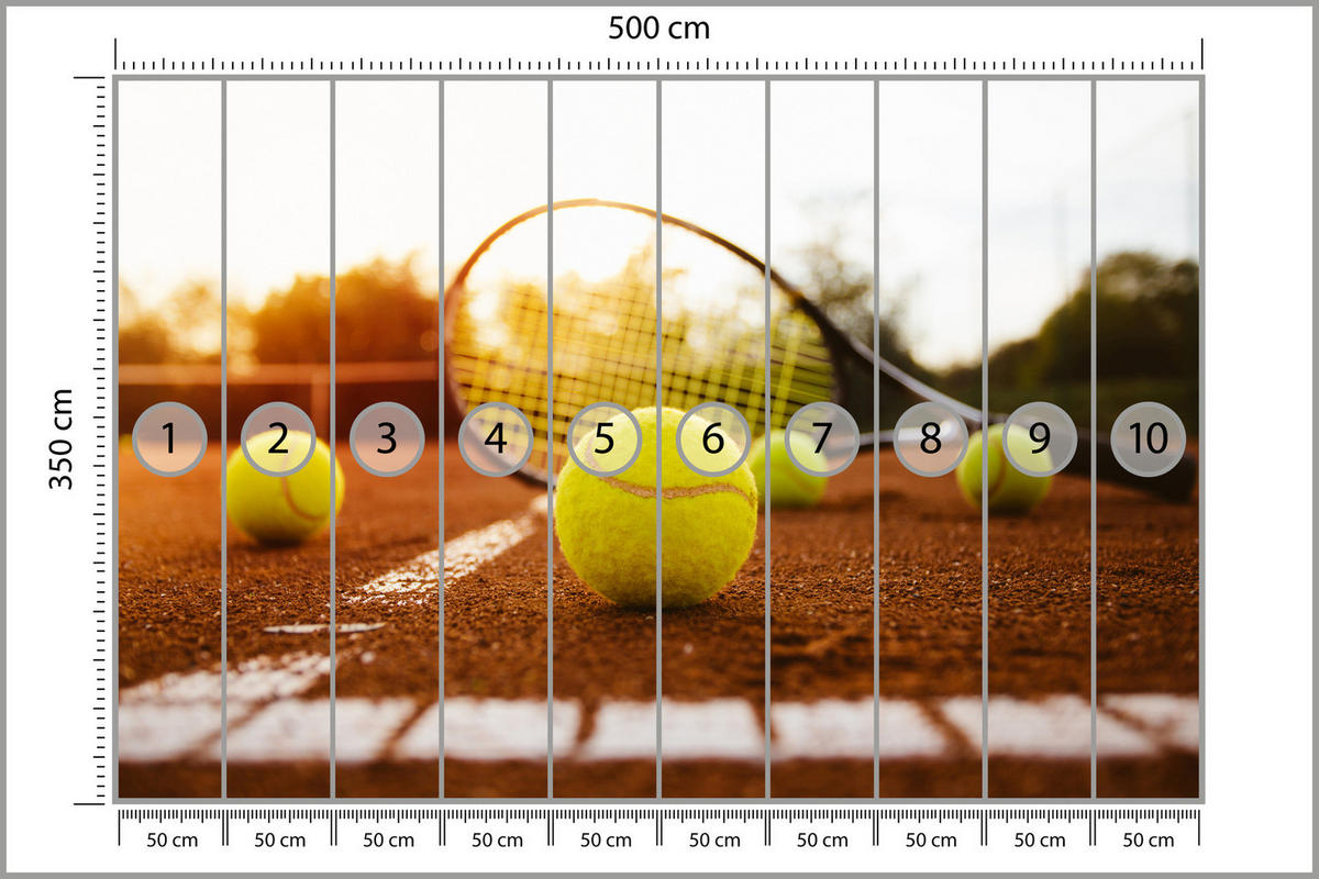 FOTOTAPETE für Jugendzimmer Tennisschläger Court Sport Ball 500x350 - Gelb/Orange, Papier (500/350cm) - Muralo