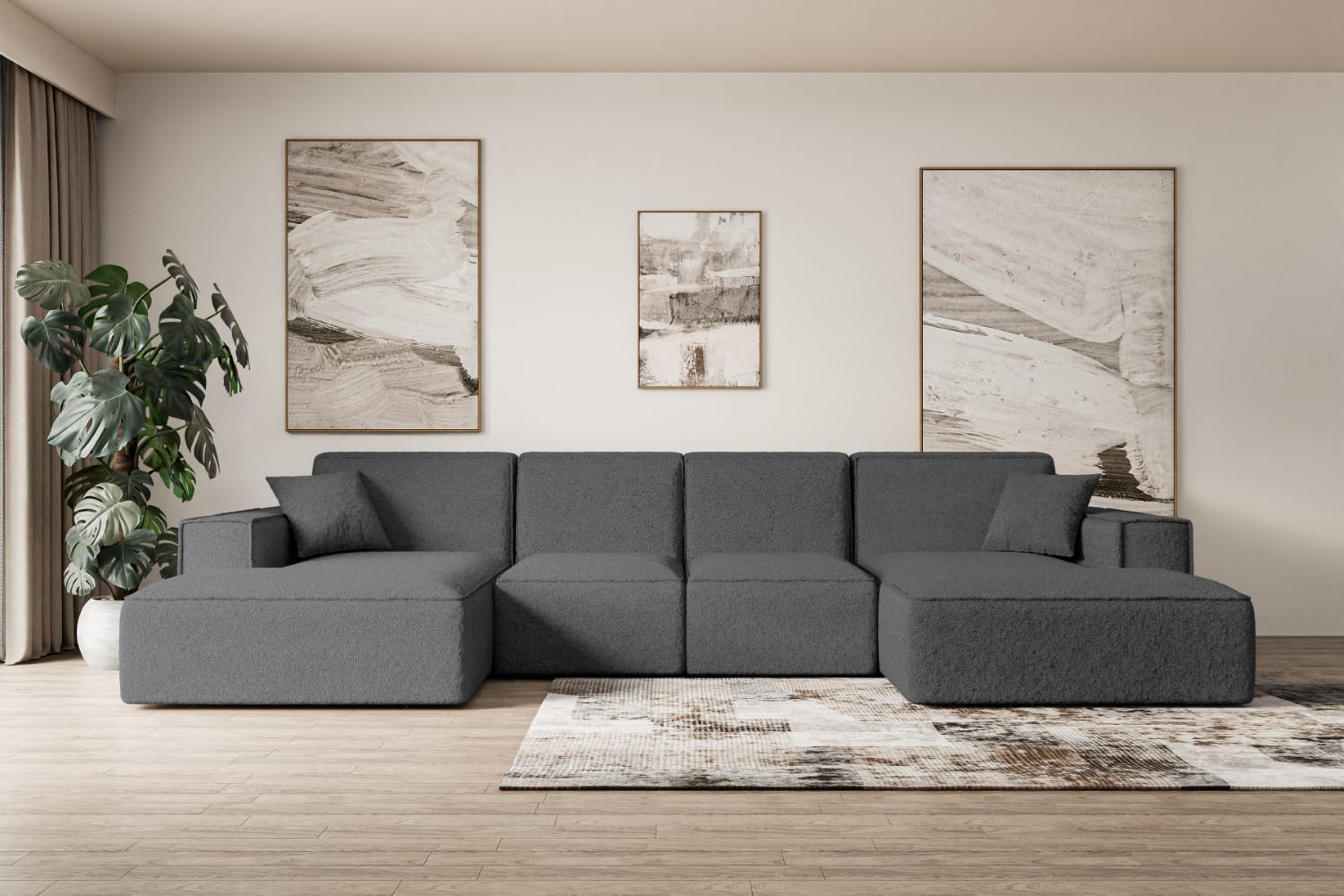 WOHNLANDSCHAFT SIERRA-U - 344x165x73 cm Grau Bouclé - Schwarz/Grau, Holzwerkstoff/Kunststoff (344/73/165cm) - ALTDECOR