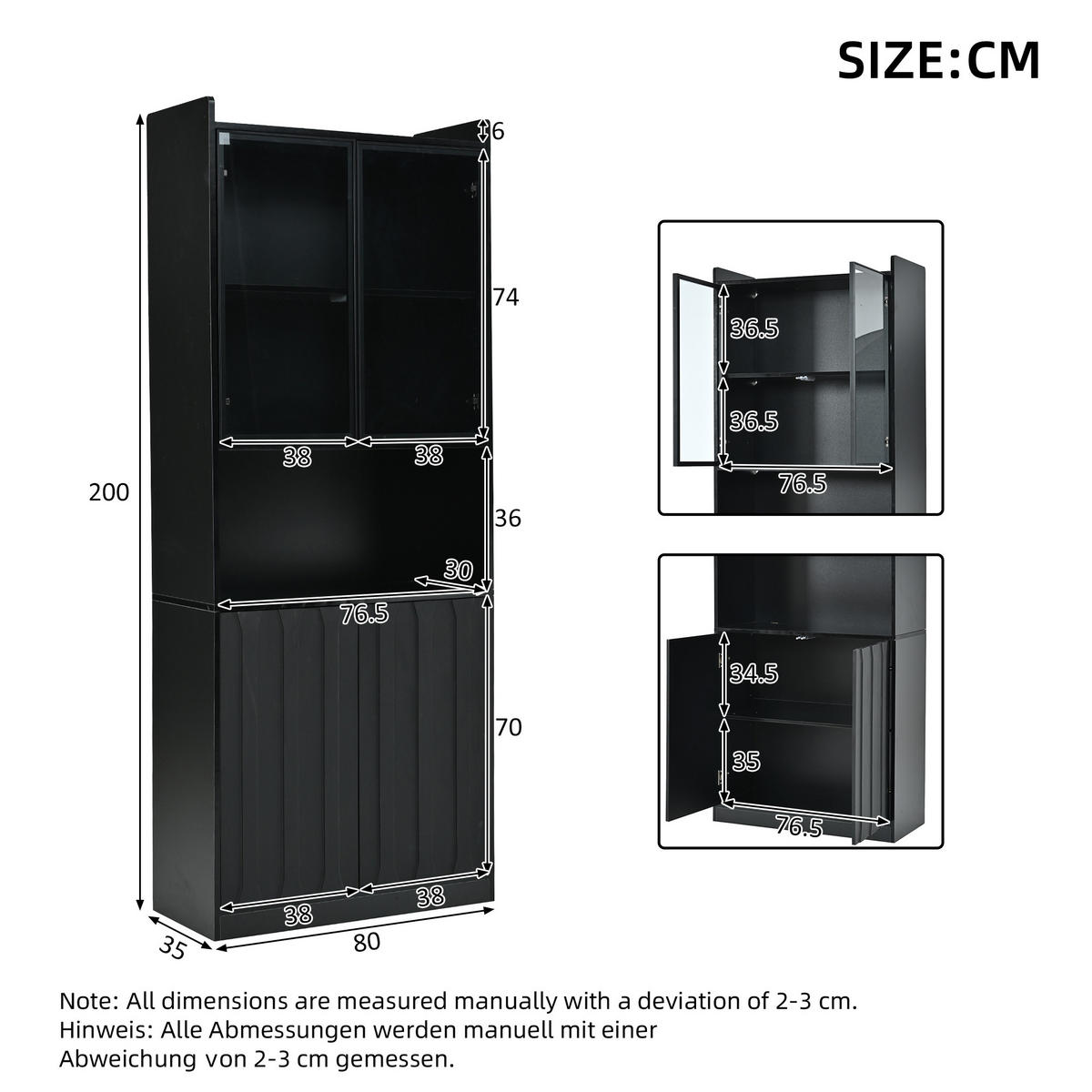 VITRINE 80x35x200 cm Schwarz mit LED und Glastüren - Schwarz, Holzwerkstoff (80/200/35cm) - FLIEKS