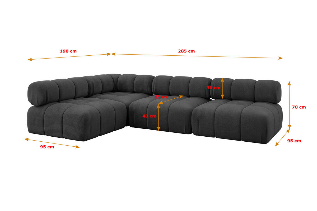 ECKSOFA modulares Sofa Samaro-L2 - 285x190x70 cm Schwarz Velours - Schwarz, Holzwerkstoff/Textil (285/190cm) - ALTDECOR