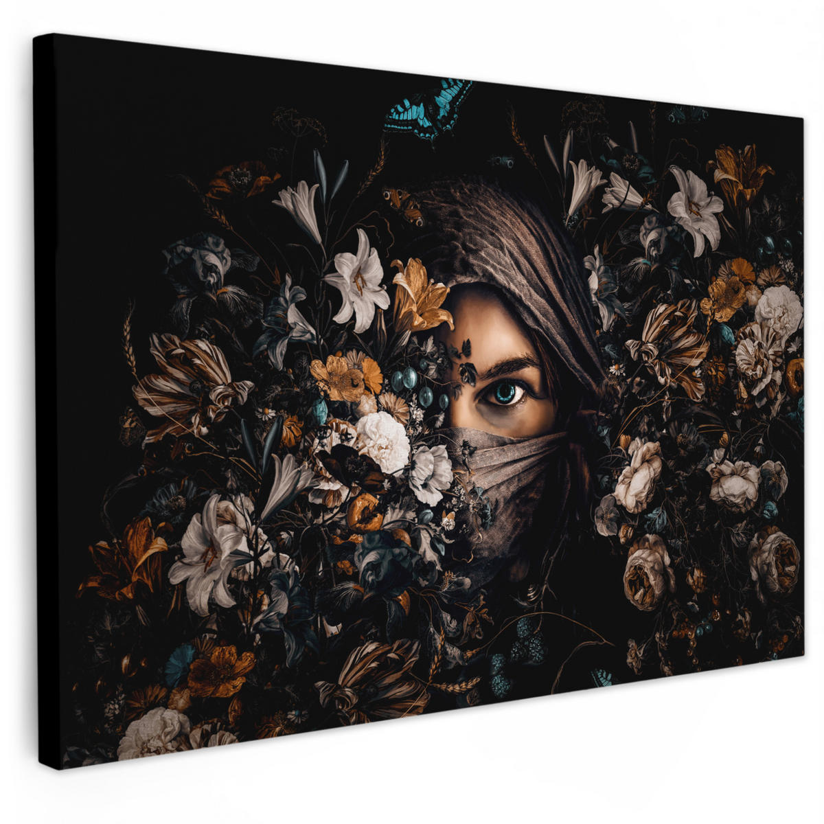 LEINWANDBILD Frau - Luxus - Blumen - Schmetterling - Porträt Wohnzimmer 120x80 cm - Schwarz, Textil (120/80cm) - MuchoWow