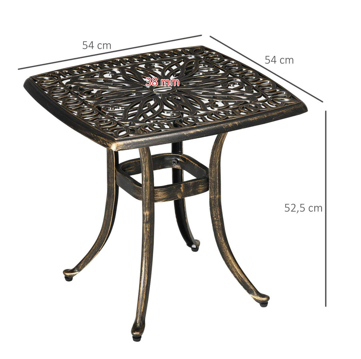 BEISTELLTISCH aus Aluminium 54x54x52,5 cm Bronze mit Schirmöffnung und verstellbaren Füßen im Vintage-Look - Bronzefarben, Metall (54/54/52.5cm) - Modfu
