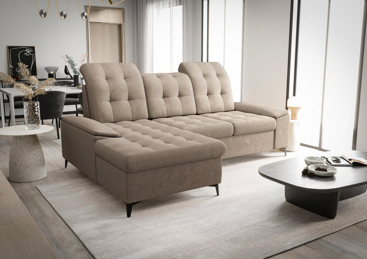 ECKSOFA KONGO RBN18, Eckcouch in L-Form mit Schlaffunktion, Farbe: Beige, Velourstoff, Ottomane Links - Beige, Textil (257/172cm) - O-Sofa