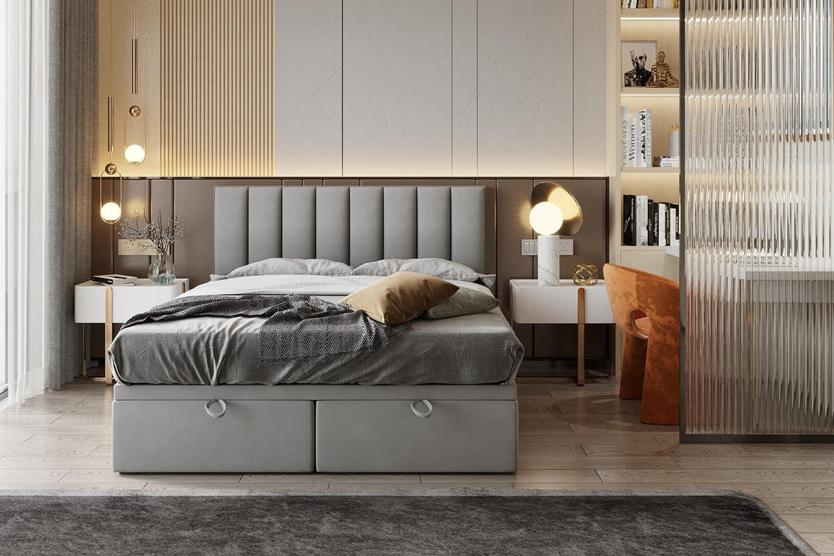 BOXSPRINGBETT BOND - Bett mit Matratze und Bettkasten - mit gestepptes Kopfteil - Grau - 160x200 cm - Grau, Textil (160/200cm) - Trada