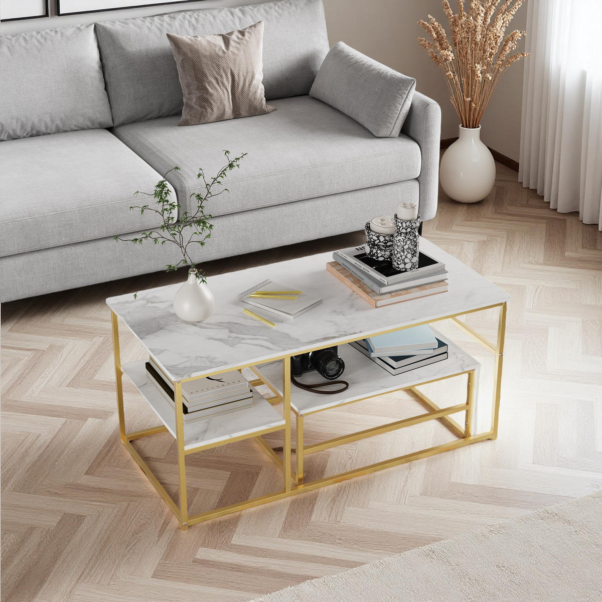 COUCHTISCH-SET Marmoroptik Weiß, Metallgestell Gold, 2er Set - Weiß, Metall (105/52/48.5cm) - SHOPENTRA