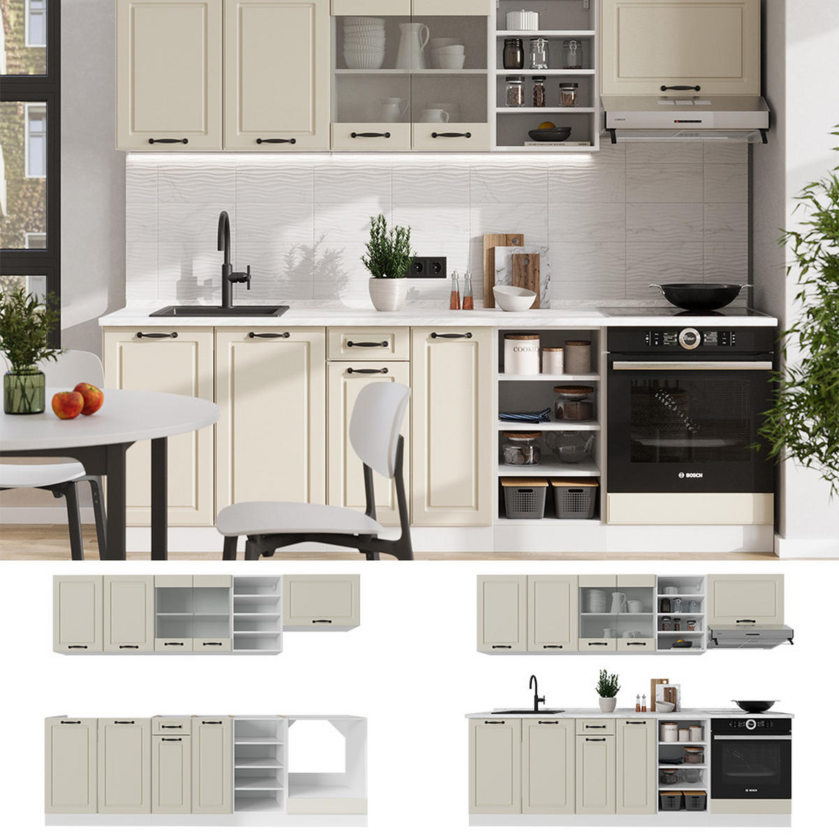KÜCHENZEILE R-Line, Sand Landhaus/Weiß, 240 cm ohne Arbeitsplatte - Beige/Weiß, Holzwerkstoff (240/206.8/46cm) - Vicco