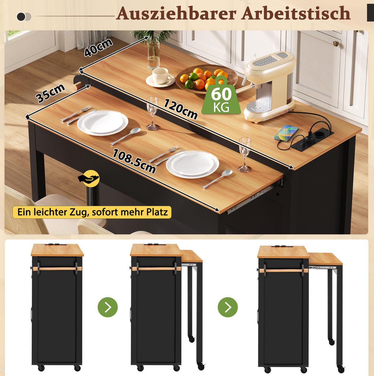 KÜCHENINSEL 120x75x92cm Schwarz mit Mülleimerfach & Rollen - Schwarz, Holzwerkstoff (120/92/75cm) - Modfu