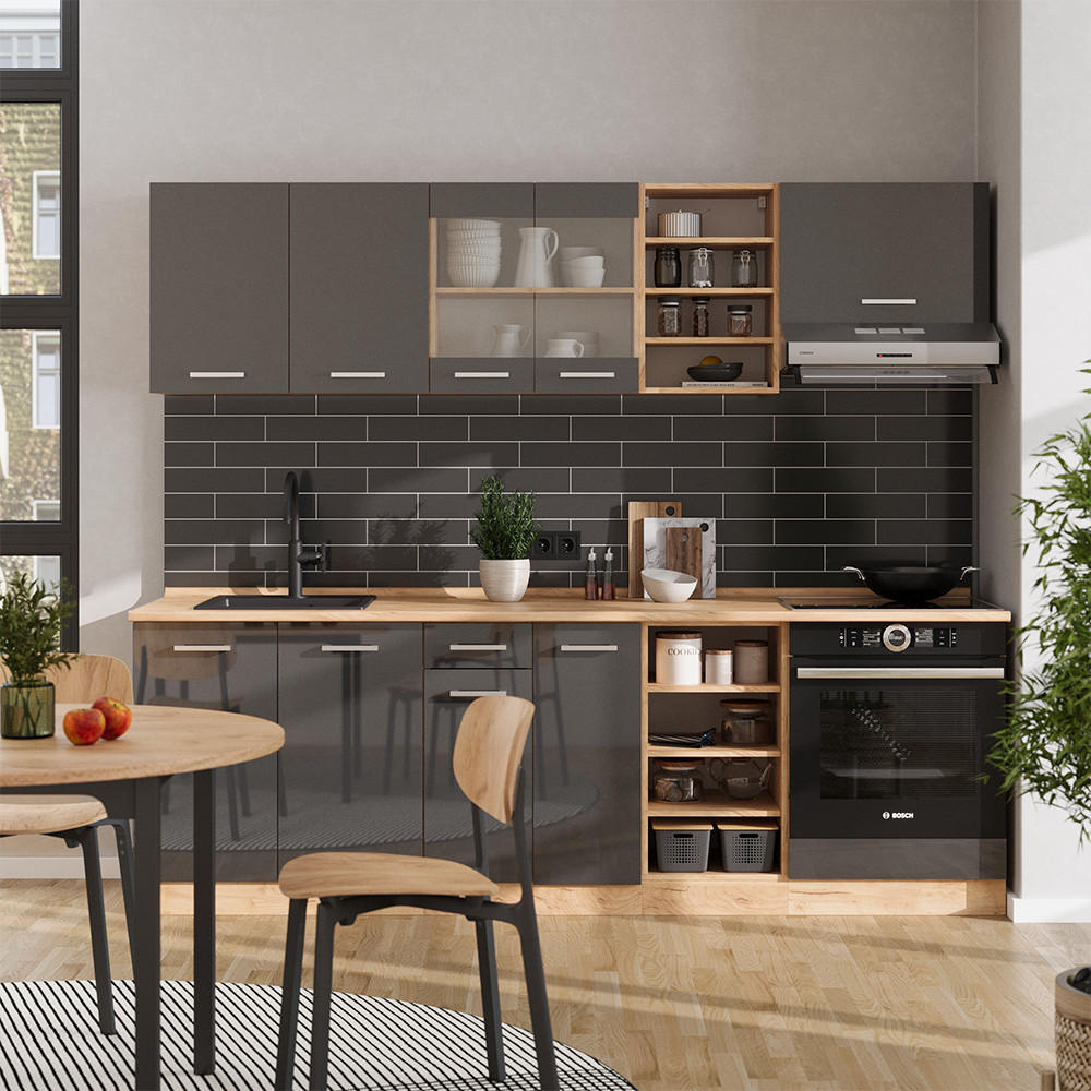 KÜCHENZEILE R-Line Anthrazit Hochglanz/Goldkraft Eiche 240 cm ohne AP - Anthrazit/Eiche Wotan, Holzwerkstoff (240/81.6/46cm) - Vicco