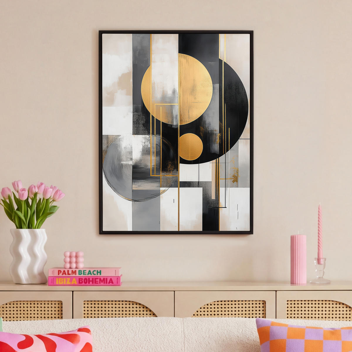 LEINWAND Bilder mit Rahmen - Abstrakt - Gold - Silber - Formen - Ästhetisch - Modern - 70x100 - Goldfarben, Textil (70/100cm) - MuchoWow