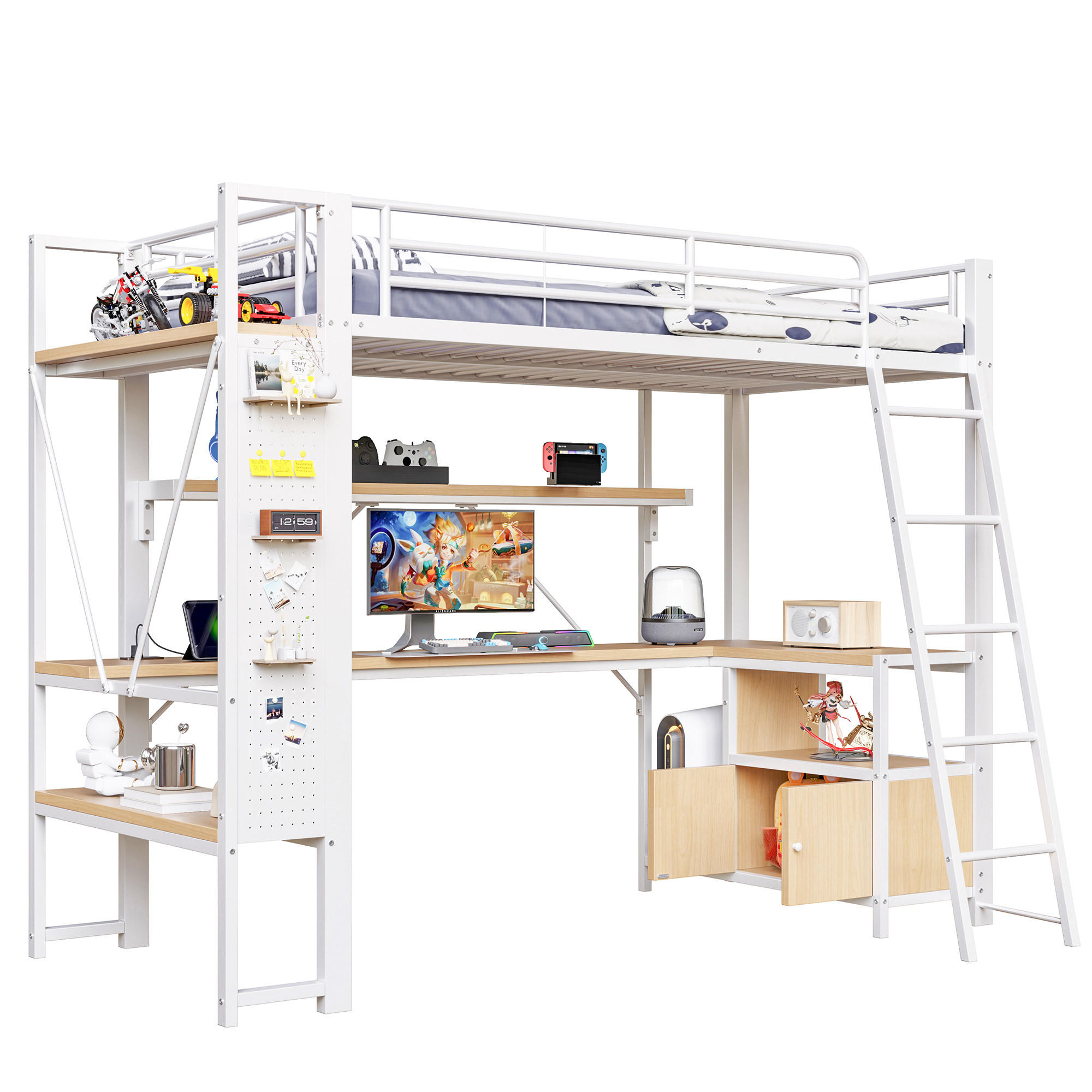 STILVORA HOCHBETT 90/200 cm in Weiß mit Schreibtisch, Regal, Lochwand, LED und USB Metall modern