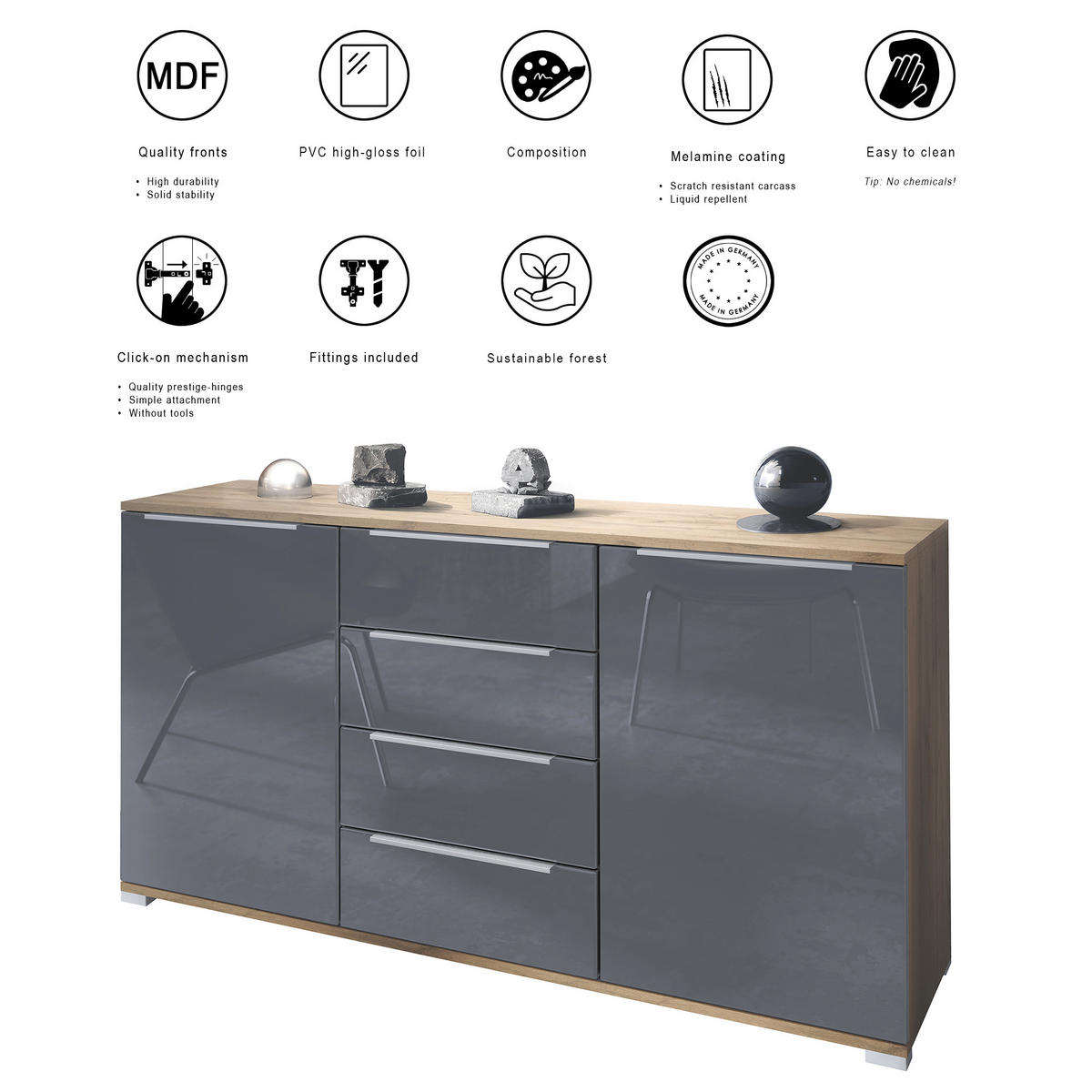 SIDEBOARD Linio Denim matt - Pastellblau, Holzwerkstoff (138.5/75.5/35cm) - Vladon