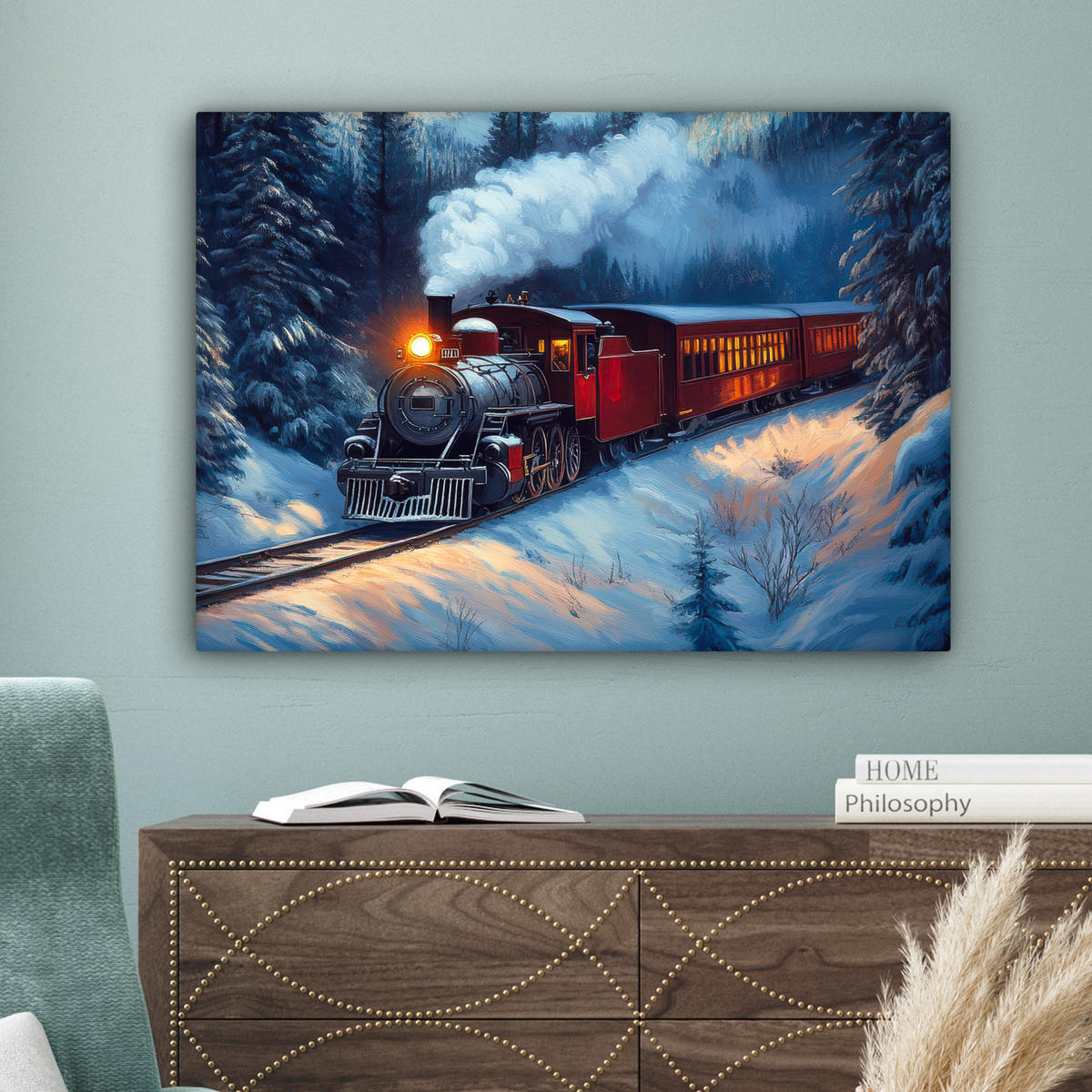 LEINWANDBILD Zug - Weihnachten - Schnee - Weihnachtszug Wandbilder 80x60 cm - Anthrazit, Textil (80/60cm) - MuchoWow
