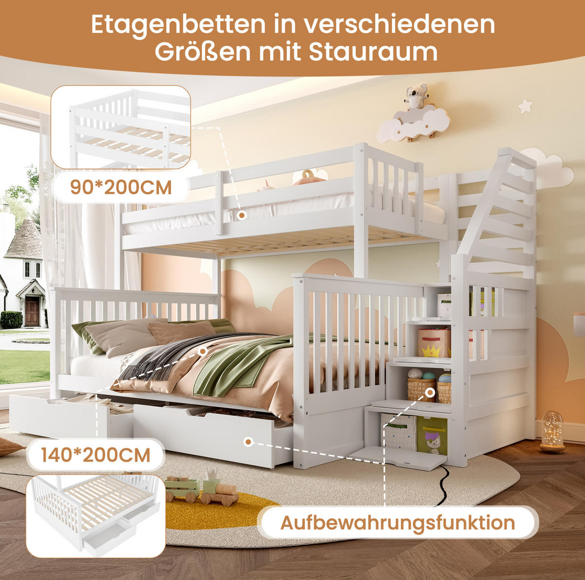 ETAGENBETT aus Kiefer 90x200/140x200 cm Weiß mit Schubladen, Stauraum, Leiter und Sicherheitsgeländer - Weiß, Holzwerkstoff (90/200cm) - Modfu
