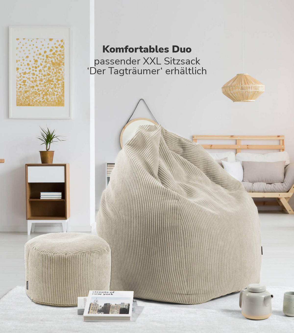 POUF Cord Der Faule Lenz - Beige, Textil (60/40/60cm) - Mokebo