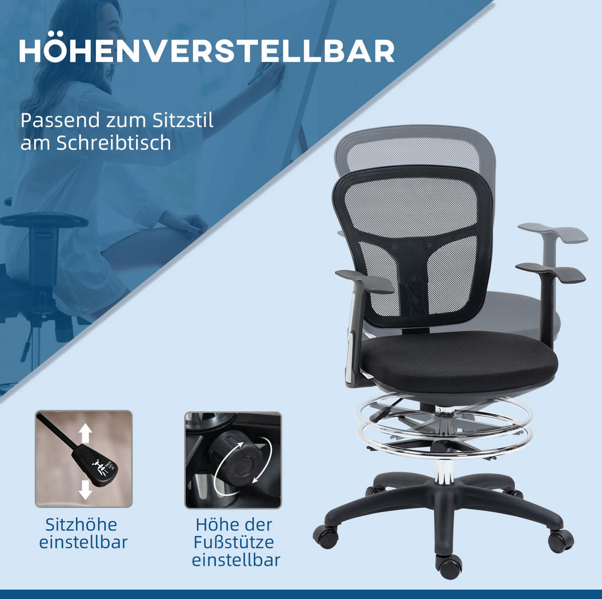 BÜROSTUHL höhenverstellbar 59 x 59 x 95-115 cm Polyester Black - Schwarz, Kunststoff (59/115/59cm) - Meubliv