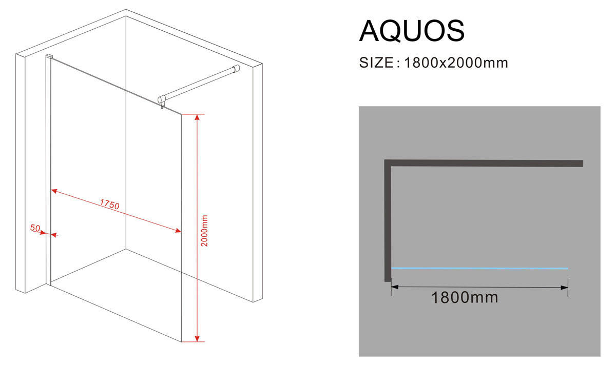 DUSCHWAND AQUOS Klar 180 x 200 cm 10 mm ESG - Klar, Glas (180/200cm) - Glasdeals