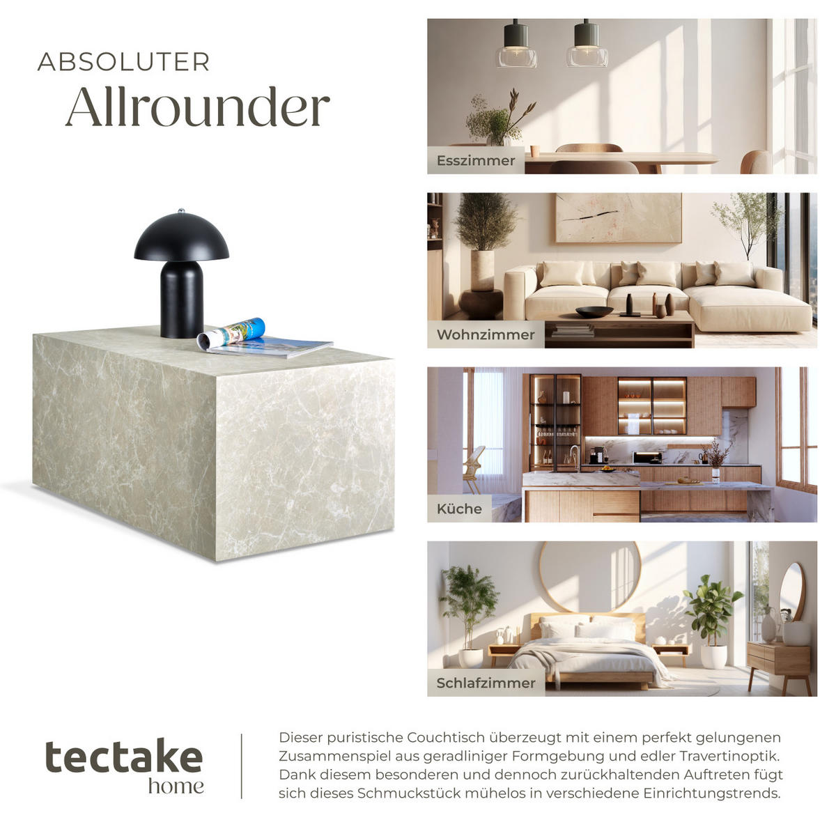 COUCHTISCH Lasley,90 x 50 x 40 cm,Travertin Optik - Beige, Holz (50/90/40cm) - tectake