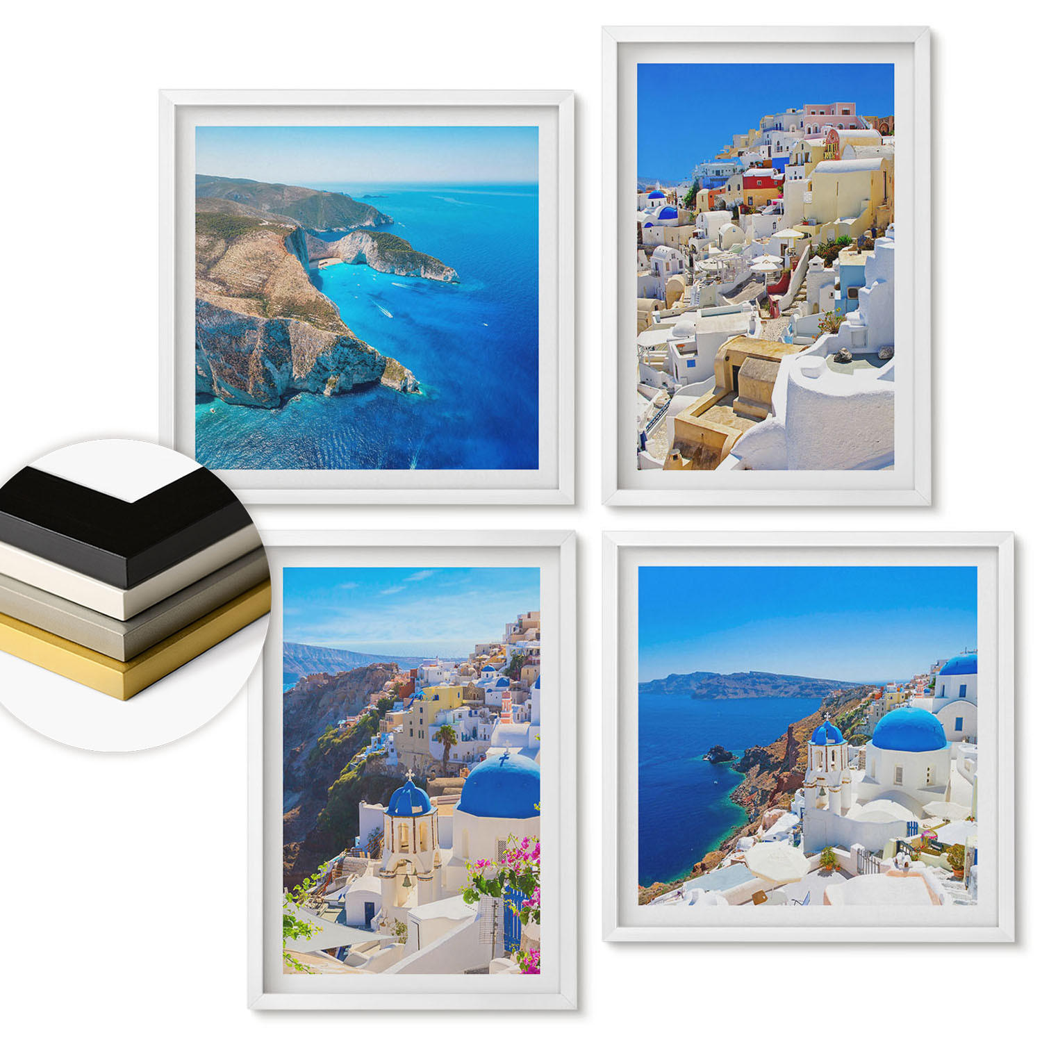 WANDBILDER 4er-Set - 50x50 cm & 40x60 cm Weißer Rahmen - Architekturlandschaft Oia Santorin Griechenland - Weiß, Kunststoff (50/50cm) - ArtPrintCave