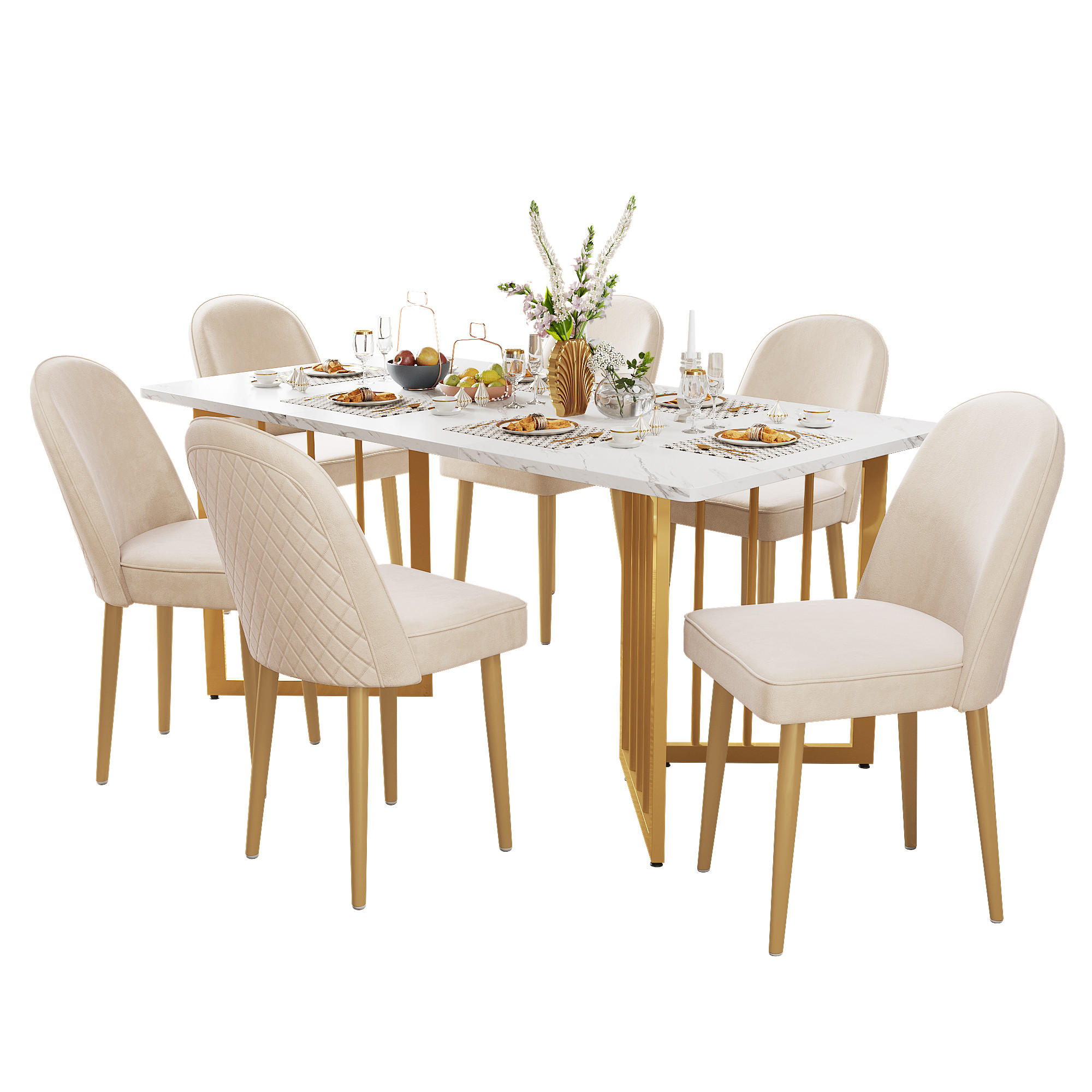 WOHNZIMMER STÜHLE mit Samtbezug Metallbeinen 6tlg Beige - Beige, Textil (45.5/87.5/62cm) - EVRYAE