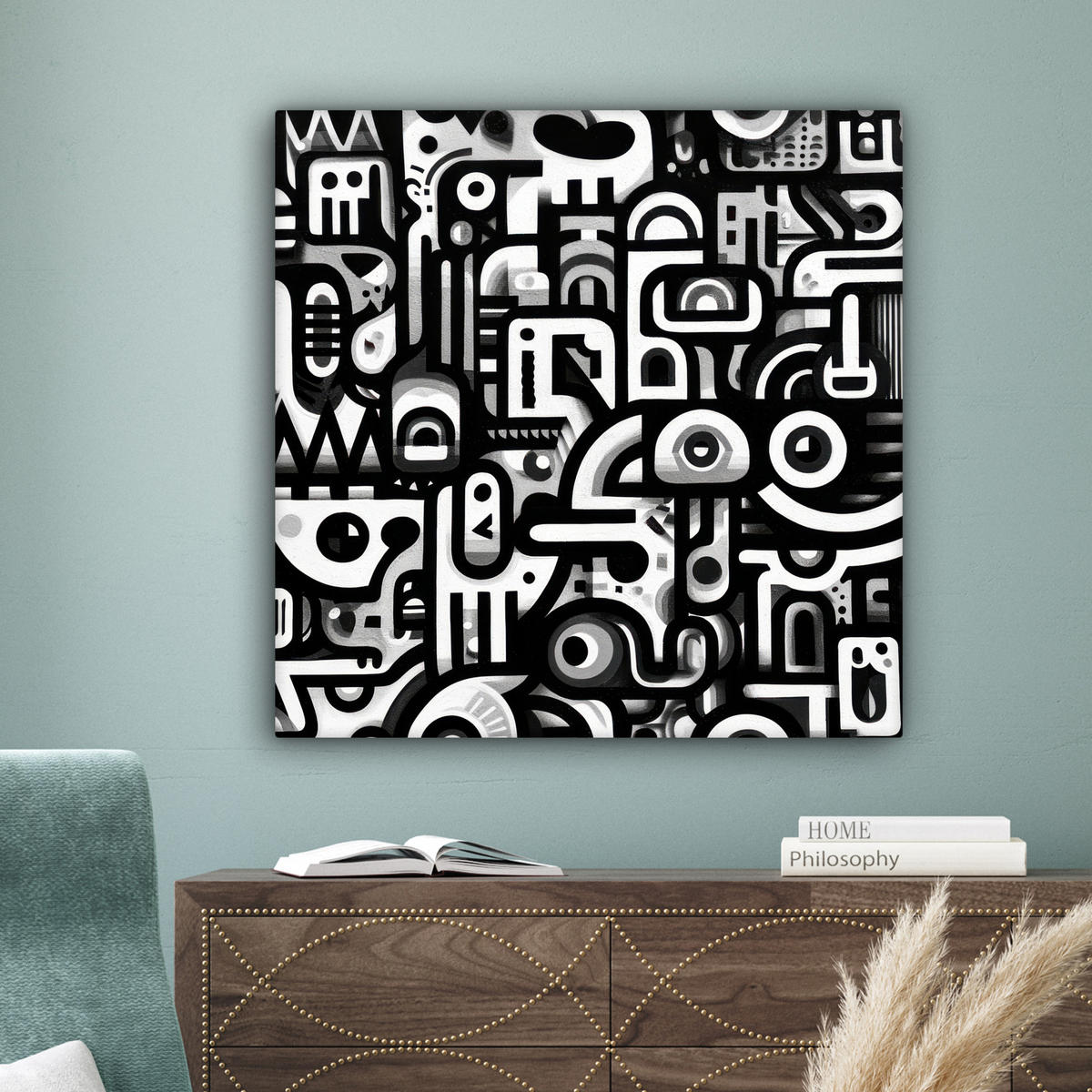 LEINWANDBILD Symbole - Abstrakt - Grafik - Schwarz Deko Groß 90x90 cm - Schwarz, Textil (90/90cm) - MuchoWow