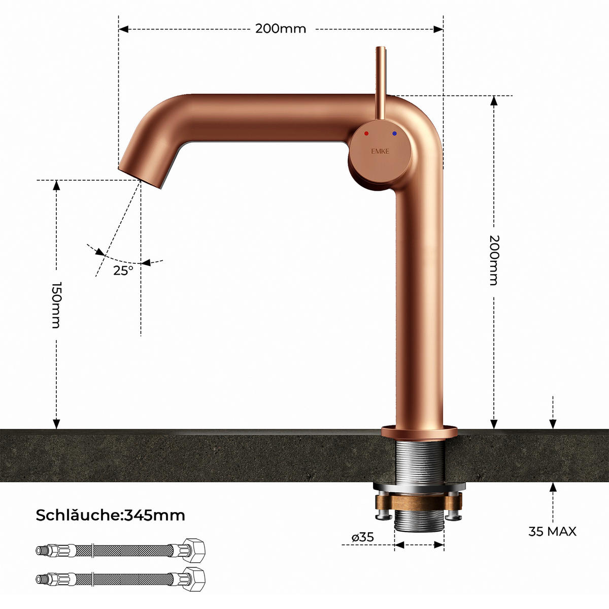 WASCHTISCHARMATUR Ventilkernzertifizierung Rosengold 15cm - Roségold, Metall (20/7.6/22.2cm) - EMKE