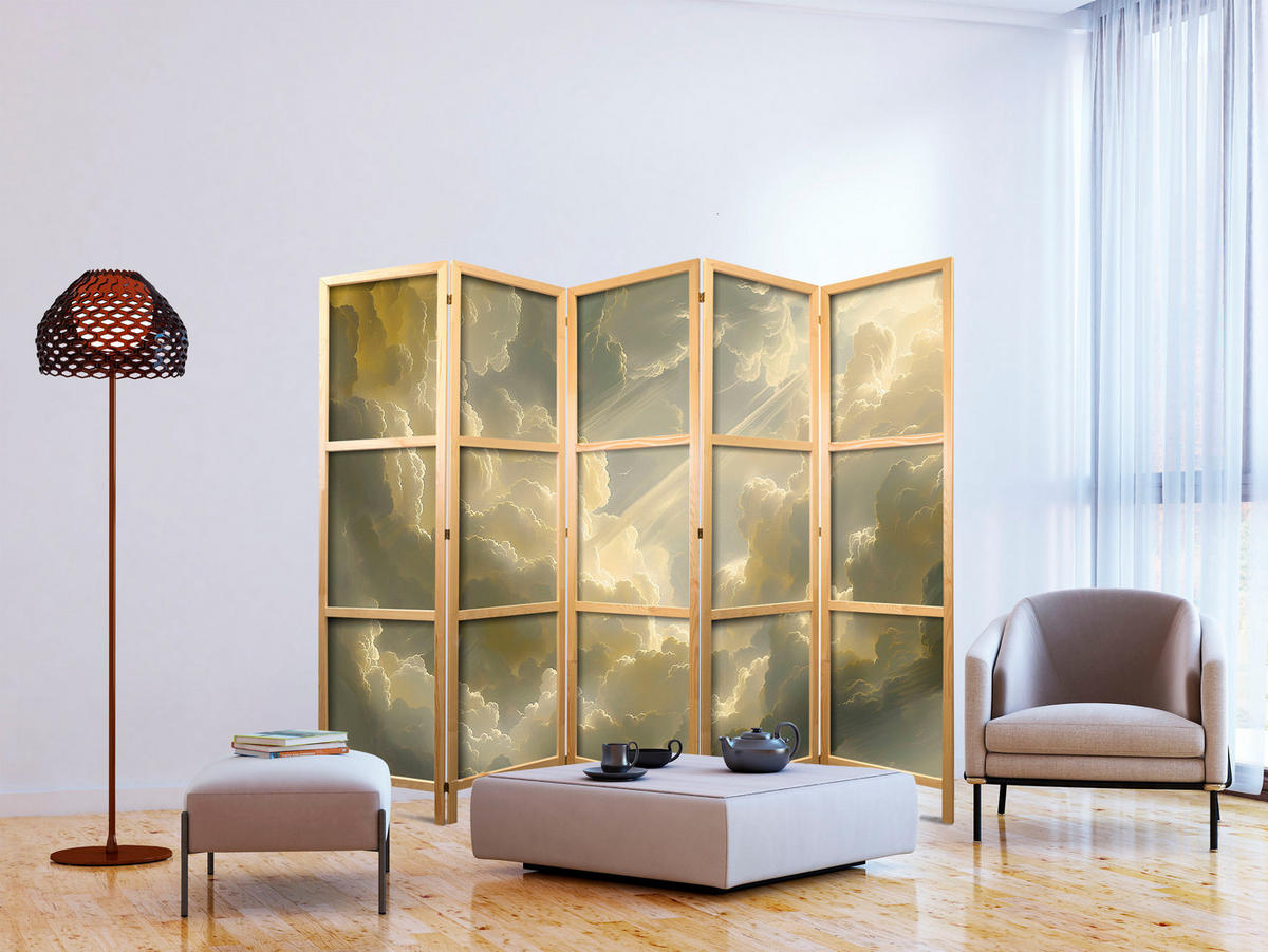 PARAVENT Japanischer 5-tlg 225x172 cm Wolken Abstraktion - Gelb, Holz/Textil (225/172/3cm) - Muralo